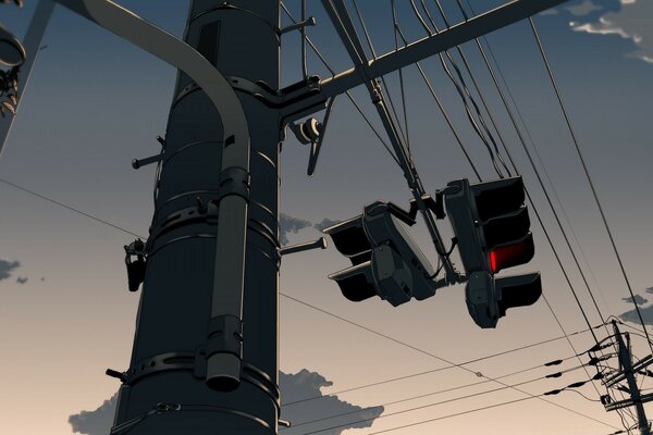 Electricity, wires and sky. Anime. Urban architecture