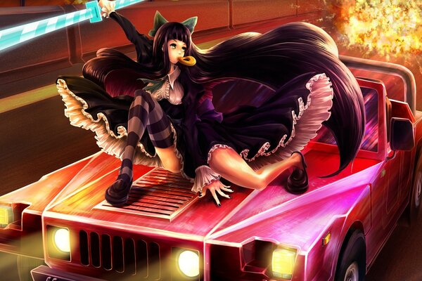 Anime chica con el pelo largo y negro se sienta en el capó de un coche