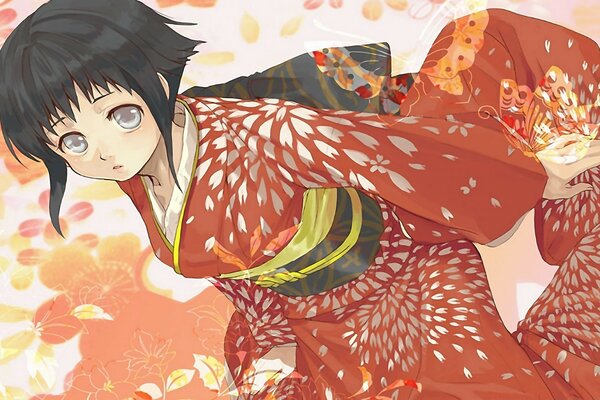 Fille en kimono rouge vif