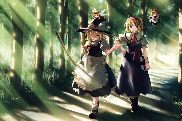 Anime filles se promènent dans les bois. Sorcière, fées. Rayons de soleil parmi les arbres