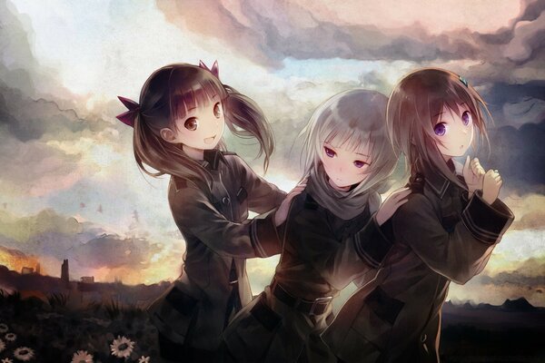 Anime. Tres chicas. Hermoso cielo