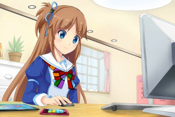 Anime chica mirando en la computadora