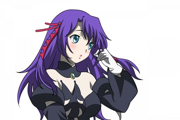 Portrait of an anime heroine in a black dress, with blue hair