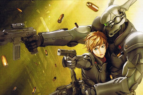 Anime Frau und Roboter mit Waffen