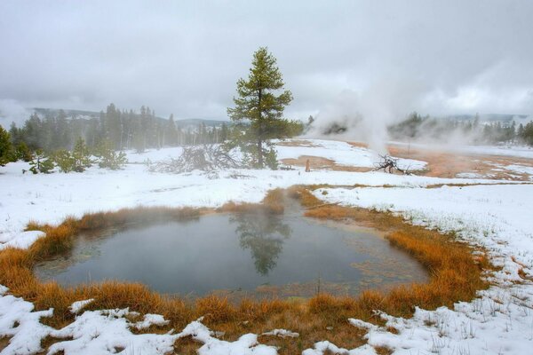 Lake in the middle of winter in fog