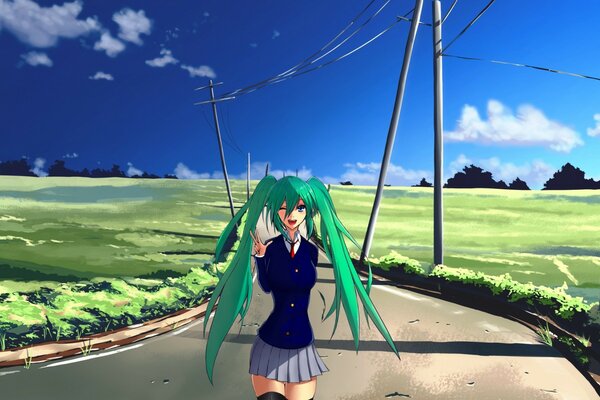 Anime schoolgirl walking down the road