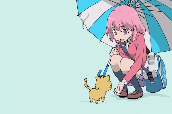 Anime girl avec parapluie et chaton