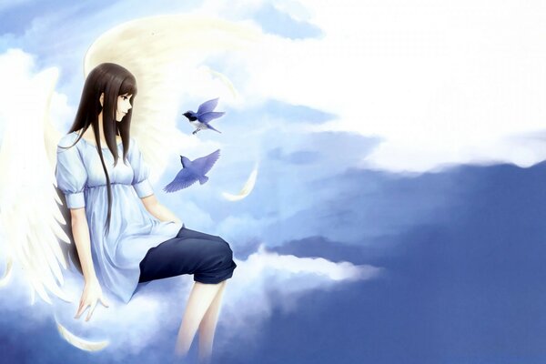 A girl with angel wings in the sky