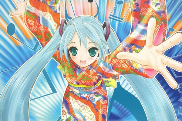 Feliz Miku Hatsune en un vestido japonés