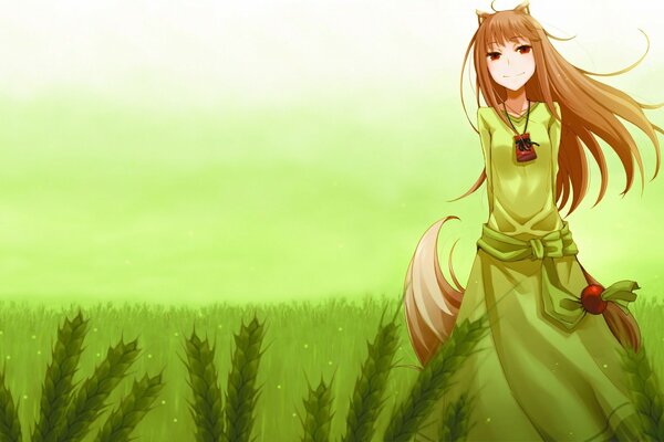 Anime girl on a green field