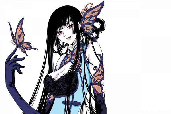 Anime woman with butterfly tattoo