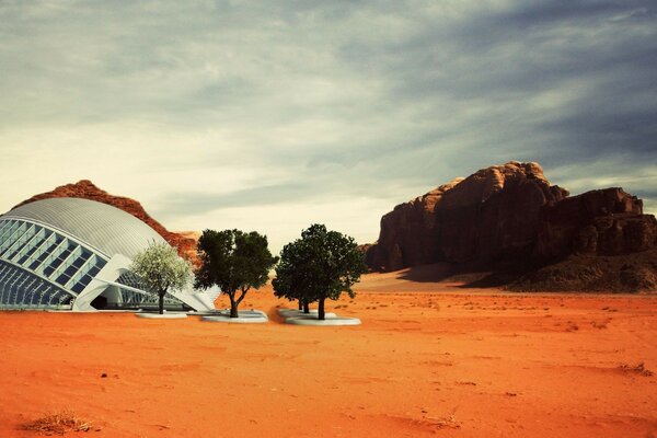 Orange desert. Graphic design. The world of the future