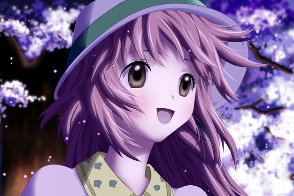 Ragazza anime in un cappello su uno sfondo di alberi in fiore