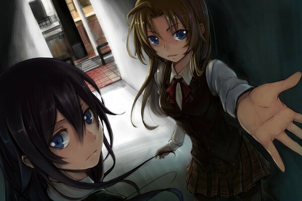 Two anime girls in a dark hallway