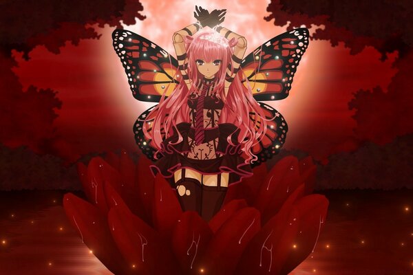 A girl with butterfly wings in a red flower