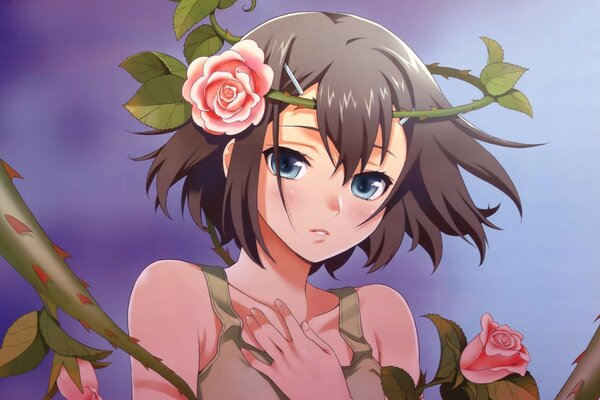 Schönes anime-Mädchen in einer stacheligen Rose