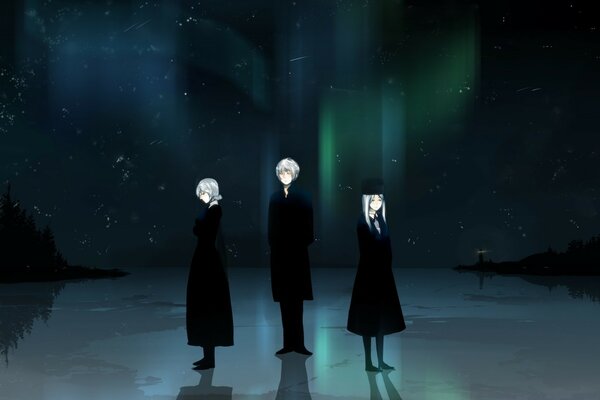 A girl and two guys in dark clothes on a dark anime background