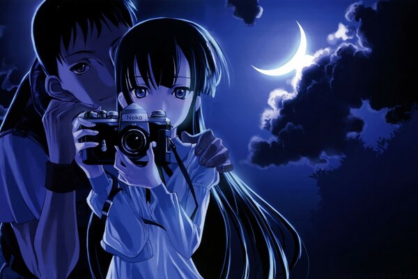 A girl and a guy with an anime-style camera