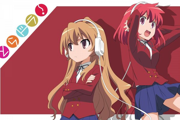 Ragazze anime in cuffia su sfondo rosso