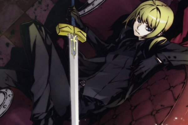 A girl in a black suit with a sword in her hand anime