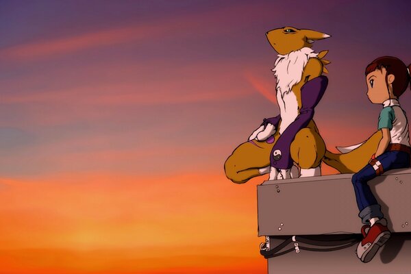 A girl is sitting on the roof with a fantasy animal against the sunset background