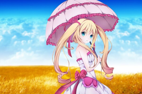 Anime bleu ciel rose parapluie