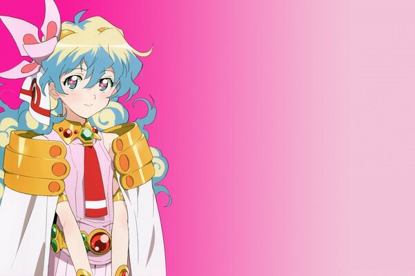 Personagem de anime com cabelo azul em roupas luxuosamente decoradas