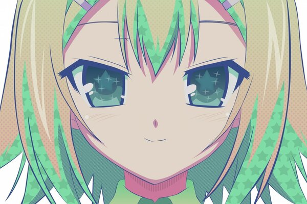 Anime girl avec des cheveux blonds et verts et des yeux verts souriant