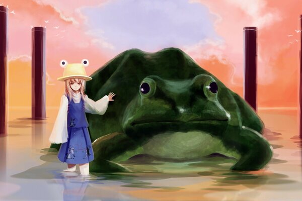 A girl and a frog. Anime background