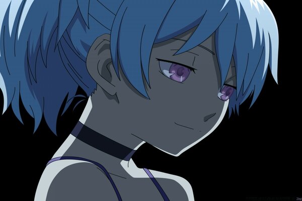 Heroína de anime con el pelo azul sobre un fondo negro