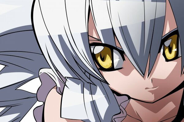 Anime girl s face with white hair and yellow eyes close-up