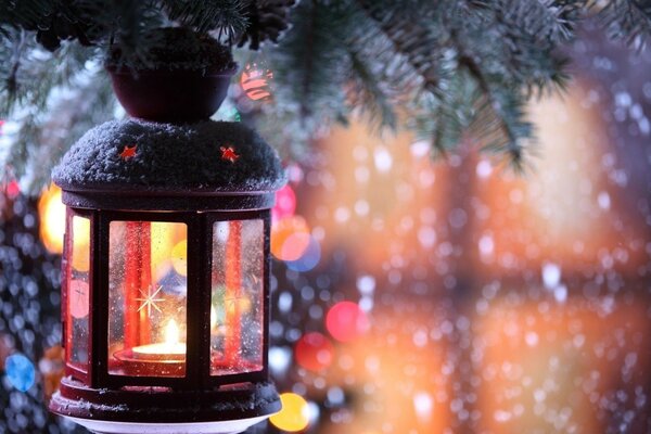 New Year, lantern and snow