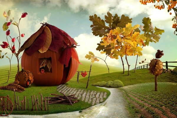 Autumn fairy tale and pumpkin house