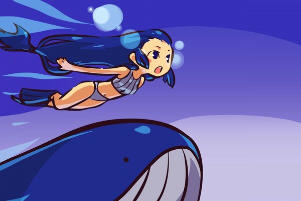 Japanese girl flying over a whale