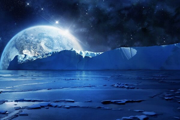 Landscape of the night moon, snow and stars