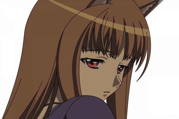 Sad and thoughtful kitsune chan, a girl with brown eyes