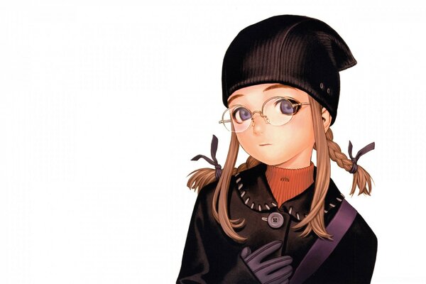 Stylisches Anime-Mädchen mit runder Brille und schwarzer Mütze