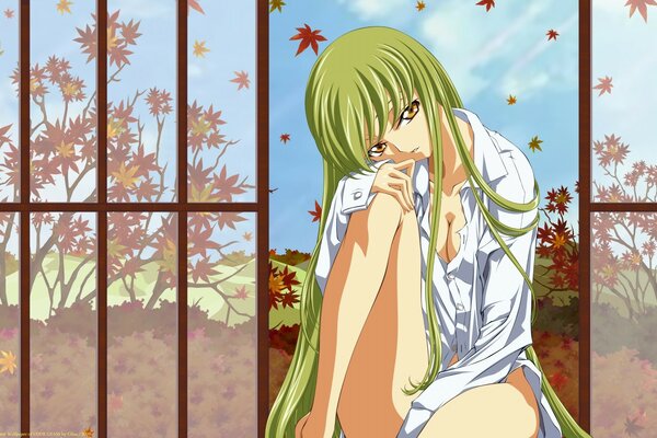 Anime illustration of a girl with green hair in a shirt