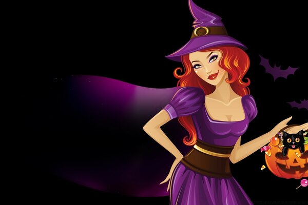 A girl in a witch costume on a black background