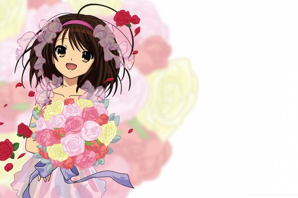 Illustration anime d une fille avec un bouquet de fleurs