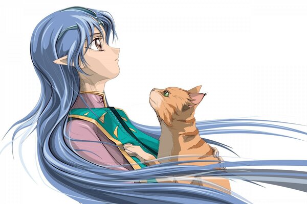 A girl with blue hair and a red cat