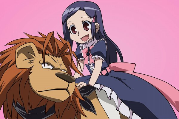 Anime fille à cheval sur un Lion