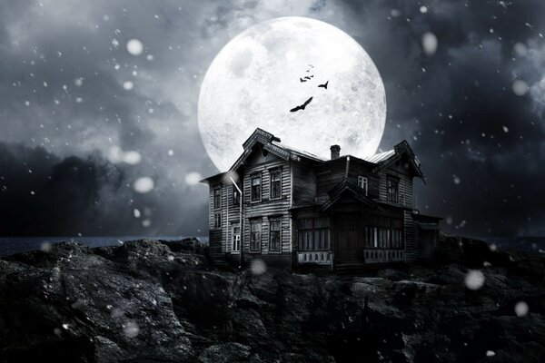 A mystical house under the light of a full moon