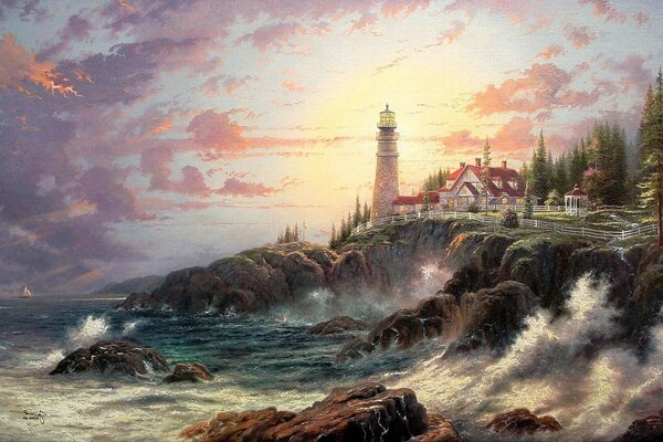 Thomas kinkade shore waves lighthouse house