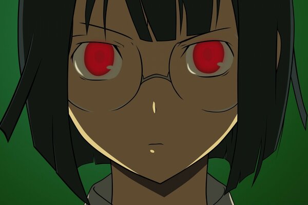 Zeichnung eines Anime-Mädchens mit großen roten Augen auf grünem Hintergrund