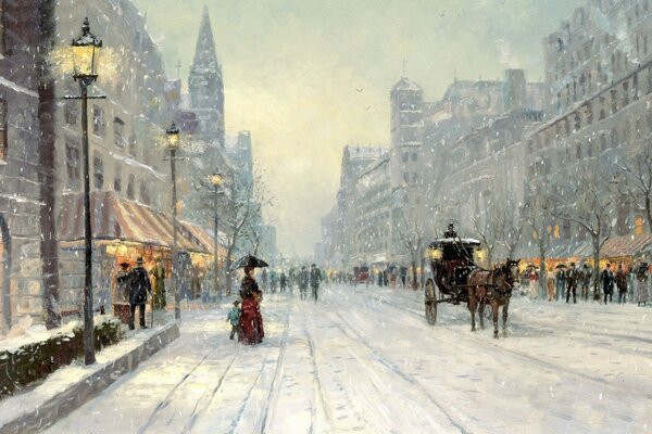 Carruaje en la calle de invierno bajo la nieve. Pintura