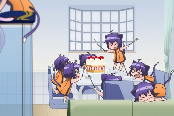 Anime little neko-chan celebrate birthday. Festive table with cake