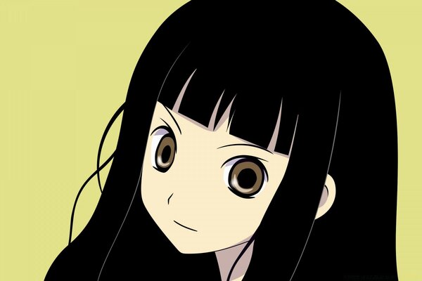 A girl with black hair and big eyes. Drawing. Anime