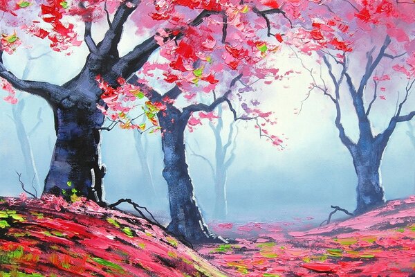 Pittura della foresta con le foglie rosse