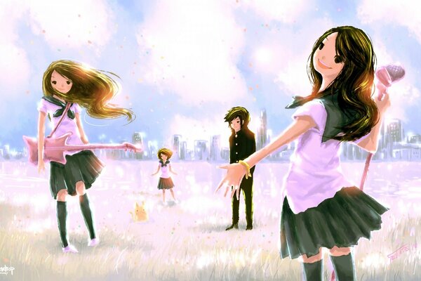 Music group. A young man and girls rehearse. Anime